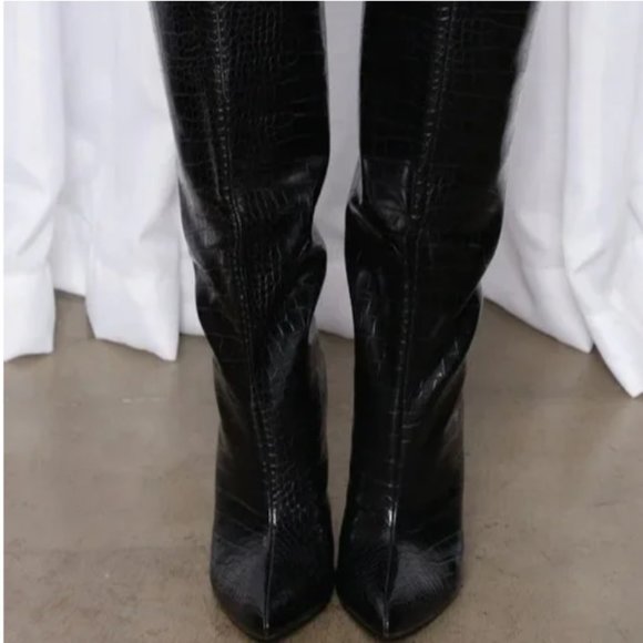 Knee High Croc-Effect Heel Black Boots Size 8.5 - Picture 2 of 7